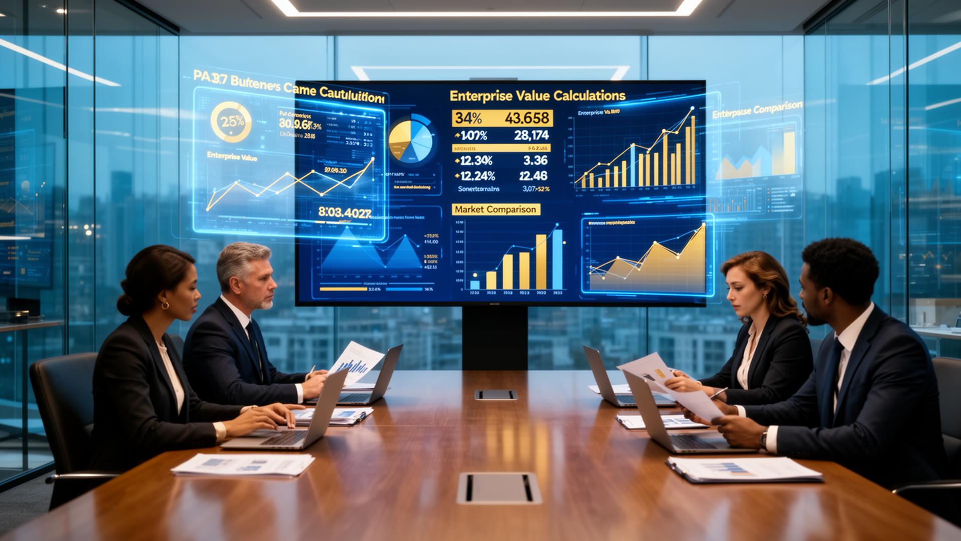 Business valuation team analyzing enterprise value calculations and market comparison charts