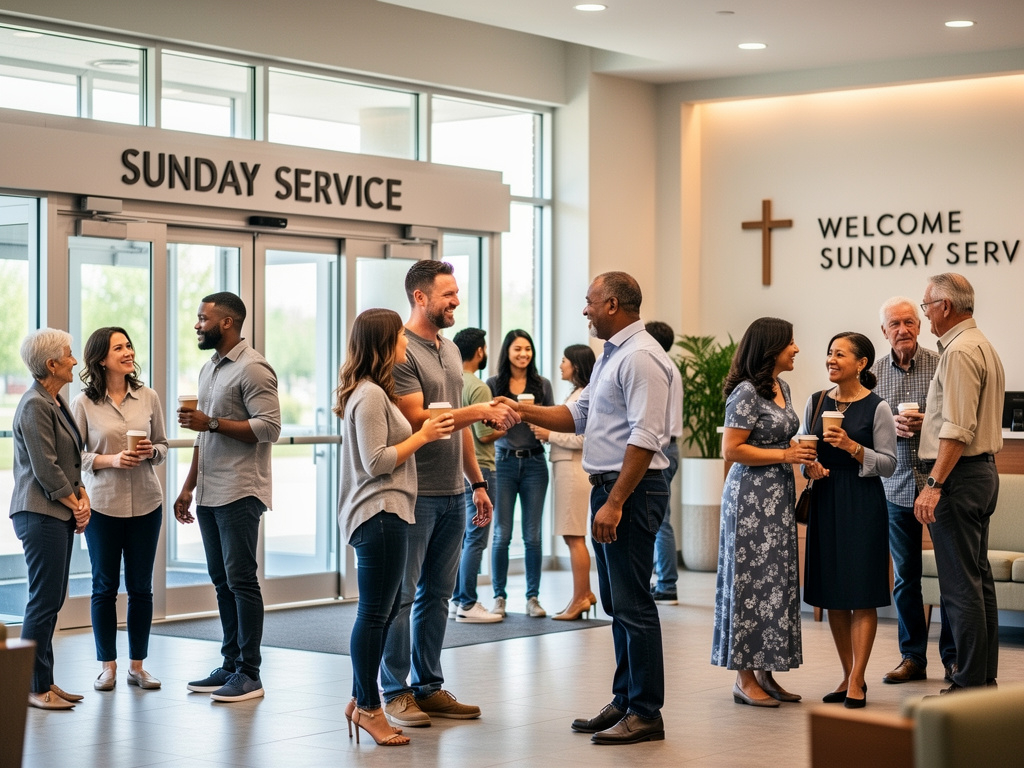 Modern church interior with stained glass windows