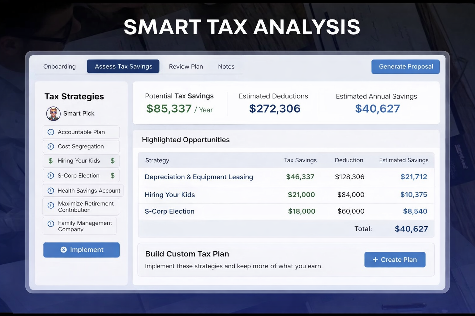 Platform interface collecting client financial data to generate personalized tax planning strategies
